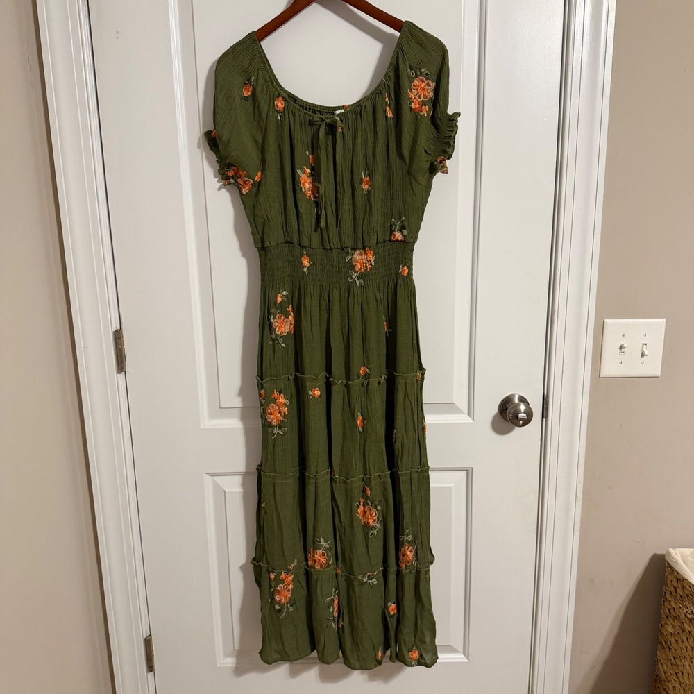 Kindred Olive Green Floral Embroidered Tiered Maxi Dress 3X Smocked Peasant